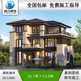 新中式三层别墅效果图及施工图纸_农村自建别墅设计,鼎川建筑